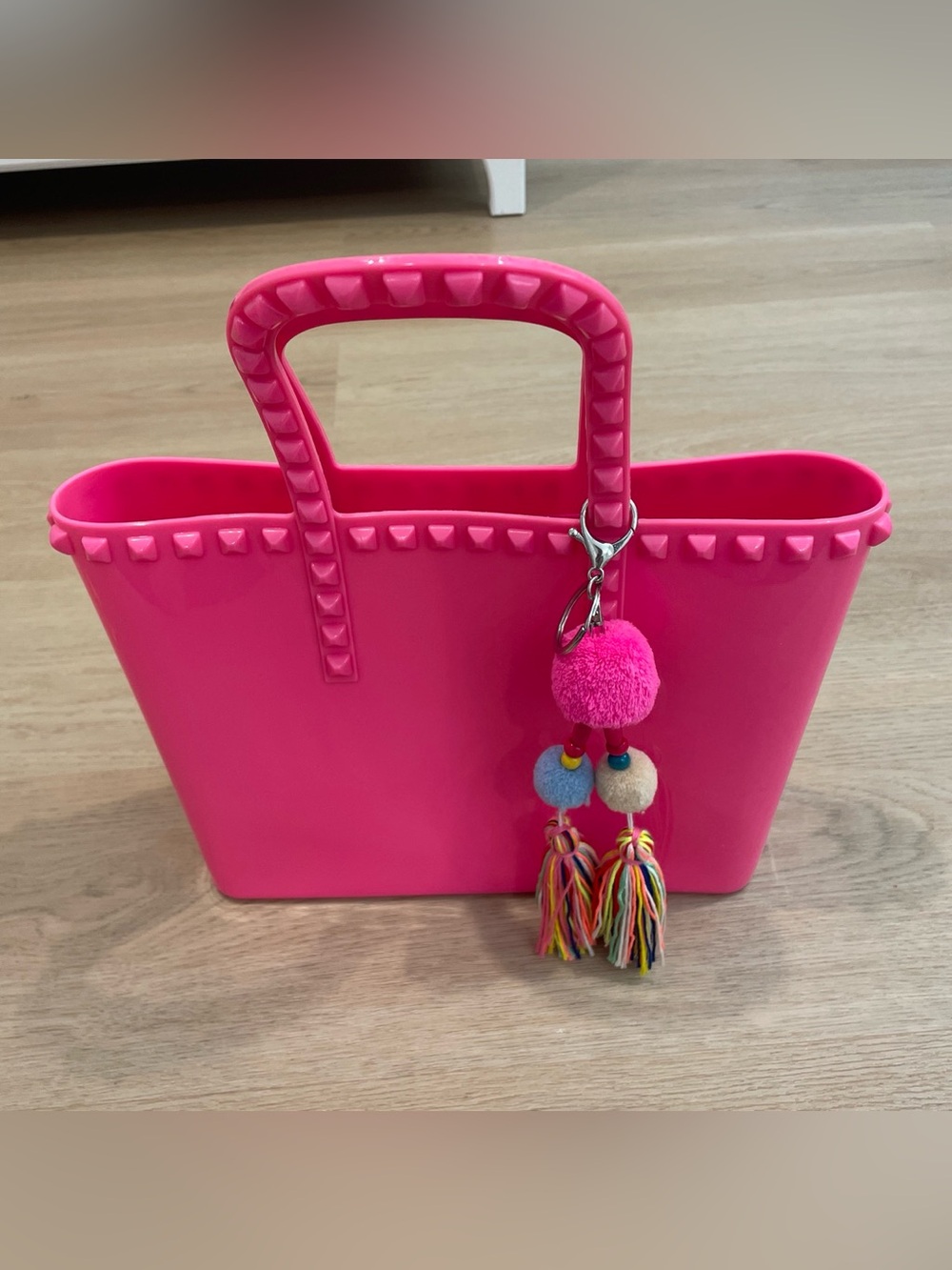 Pink Stud-Trim Tote Bag with Pom-Pom Charm
